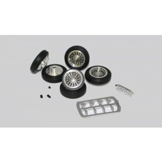 Complete wheels Ø25,5x7mm Oldtimer-SpeichenRims silber Vollgummi auf AluminiumRims inkl. Zubehör f.Slotcars 1:32 diverse Marken m.Ø2,38mm Axle n  BRMS-124